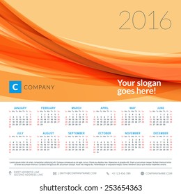 Calendar 2016 vector decign template. Week starts Sunday