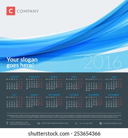 Calendar 2016 vector decign template. Week starts Monday