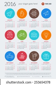 Calendar 2016 vector decign template. Week starts Sunday