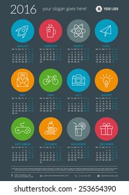 Calendar 2016 vector decign template. Week starts Monday