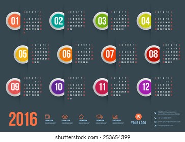 Calendar 2016 vector decign template. Week starts Sunday