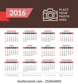 Calendar 2016 vector decign template. Week starts Sunday