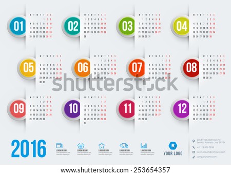 Calendar 2016 vector decign template. Week starts Monday