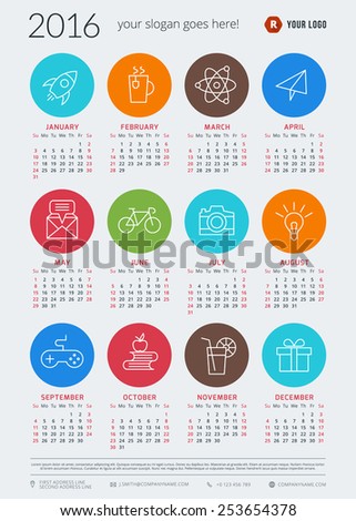 Calendar 2016 vector decign template. Week starts Sunday