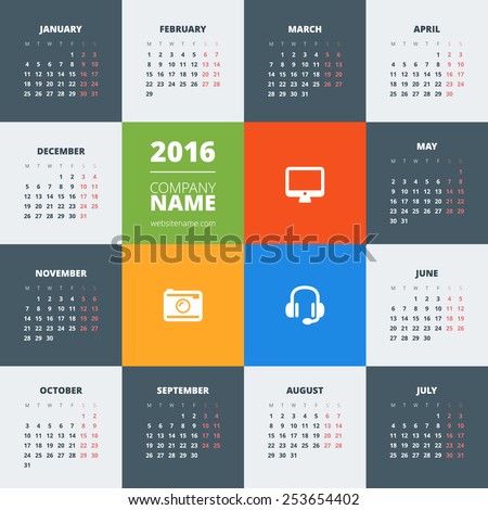 Calendar 2016 vector decign template. Week starts Monday