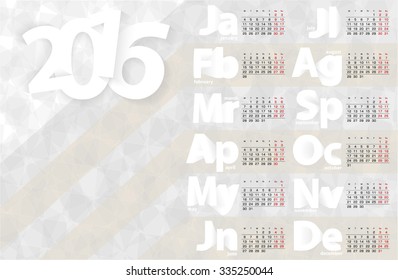 Calendar 2016 vector design, horizontal