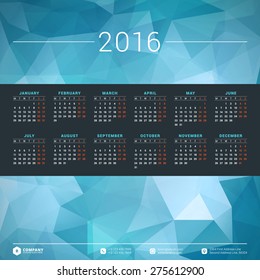 Calendar 2016 Vector Design Template. Week starts Monday