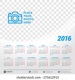Calendar 2016 Vector Design Template. Week starts Monday