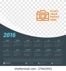 Calendar 2016 Vector Design Template. Week starts Monday