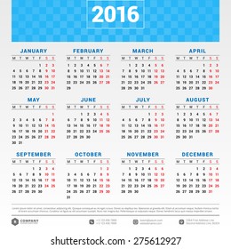 Calendar 2016 Vector Design Template. Week starts Monday