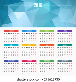 Calendar 2016 Vector Design Template. Week starts Monday