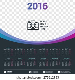 Calendar 2016 Vector Design Template. Week starts Monday