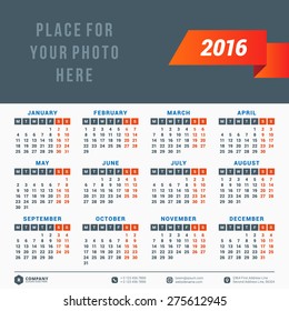 Calendar 2016 Vector Design Template. Week starts Monday