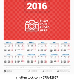 Calendar 2016 Vector Design Template. Week starts Monday