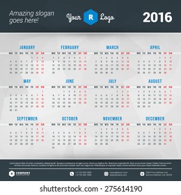 Calendar 2016 Vector Design Template. Week starts Monday