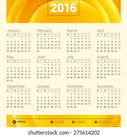 Calendar 2016 Vector Design Template. Week starts Monday
