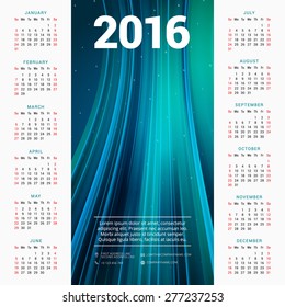 Calendar 2016 Vector Design Template. Week Starts Sunday