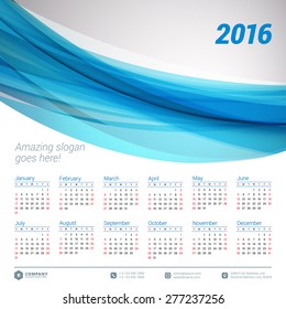 Calendar 2016 Vector Design Template. Week Starts Sunday