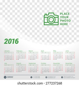 Calendar 2016 Vector Design Template. Week Starts Sunday