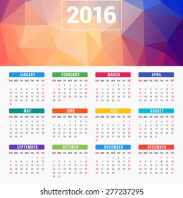 Calendar 2016 Vector Design Template. Week Starts Sunday