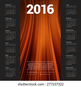 Calendar 2016 Vector Design Template. Week Starts Sunday