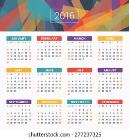 Calendar 2016 Vector Design Template. Week Starts Sunday