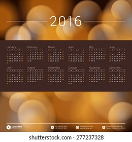 Calendar 2016 Vector Design Template. Week Starts Sunday