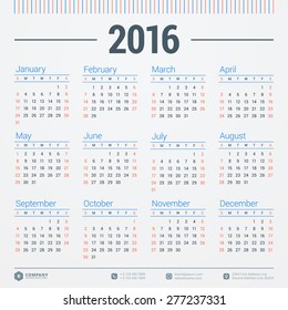 Calendar 2016 Vector Design Template. Week Starts Sunday