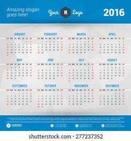 Calendar 2016 Vector Design Template. Week Starts Sunday