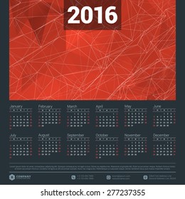 Calendar 2016 Vector Design Template. Week Starts Sunday