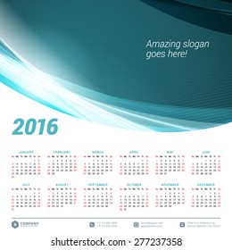 Calendar 2016 Vector Design Template. Week Starts Sunday