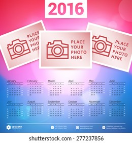 Calendar 2016 Vector Design Template. Week Starts Sunday