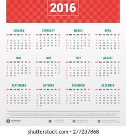 Calendar 2016 Vector Design Template. Week Starts Sunday