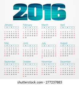 Calendar 2016 Vector Design Template. Week Starts Sunday