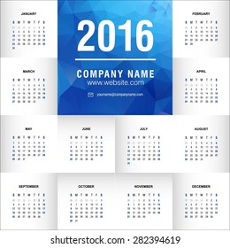 Calendar 2016 vector design template. polygonal blue card and place for company name and address abstract new year calendar template vector illustration