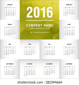Calendar 2016 vector design template. polygonal green card and place for company name and address abstract new year calendar template vector illustration