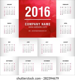 Calendar 2016 vector design template. polygonal red card and place for company name and address abstract new year calendar template vector illustration