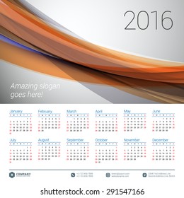 Calendar 2016 Vector Design Template. Week Starts Sunday