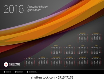 Calendar 2016 Vector Design Template. Week Starts Sunday