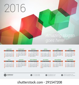 Calendar 2016 Vector Design Template. Week Starts Sunday