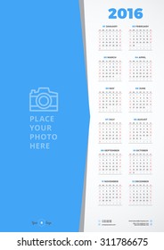 Calendar 2016 Vector Design Template. Week Starts Sunday