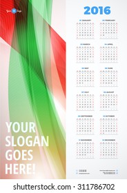 Calendar 2016 Vector Design Template. Week Starts Sunday