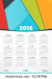 Calendar 2016 Vector Design Template. Week Starts Sunday