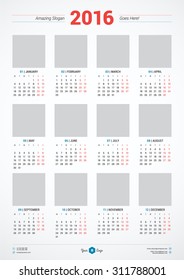 Calendar 2016 Vector Design Template. Week Starts Monday