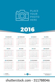 Calendar 2016 Vector Design Template. Week Starts Sunday