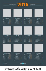 Calendar 2016 Vector Design Template. Week Starts Monday