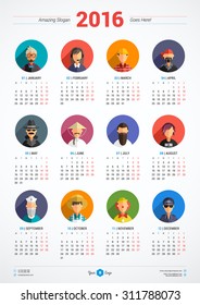 Calendar 2016 Vector Design Template. Week Starts Monday