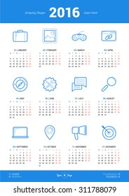 Calendar 2016 Vector Design Template. Week Starts Monday