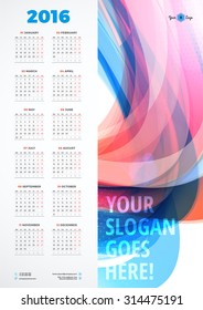 Calendar 2016 Vector Design Template. Week Starts Monday