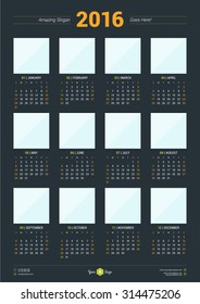 Calendar 2016 Vector Design Template. Week Starts Sunday